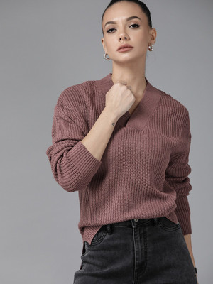 Roadster Solid V Neck Casual Women Purple Sweater