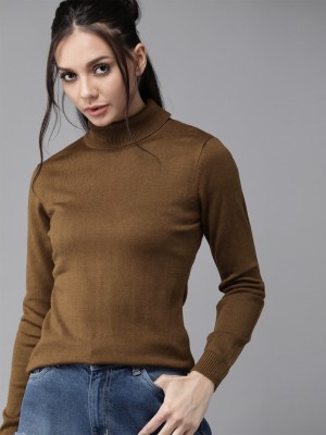 Roadster Solid Turtle Neck Casual Women Brown Sweater