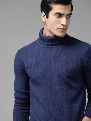 Roadster Self Design Turtle Neck Casual Men Blue Sweater