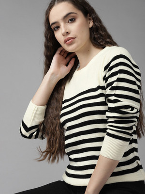Roadster Striped Round Neck Casual Women Beige, Black Sweater