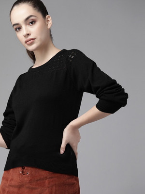 Roadster Solid Round Neck Casual Women Black Sweater