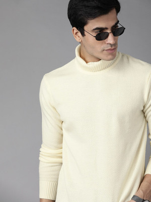 Roadster Self Design Turtle Neck Casual Men White Sweater