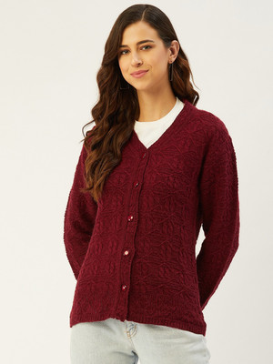 Rivza Solid V Neck Casual Women Maroon Sweater