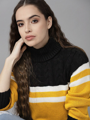 Roadster Colorblock Turtle Neck Casual Women Black Sweater
