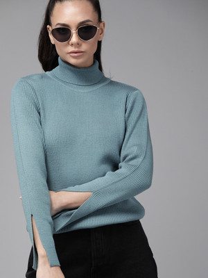 Roadster Solid Turtle Neck Casual Women Blue Sweater