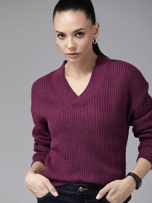 Roadster Solid V Neck Casual Women Purple Sweater