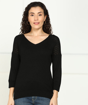 VAN HEUSEN Self Design V Neck Casual Women Black Sweater