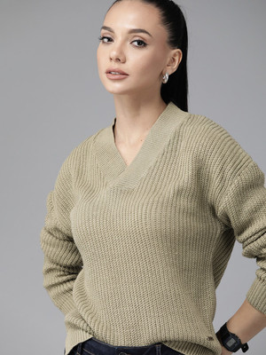 Roadster Self Design V Neck Casual Women Dark Green Sweater