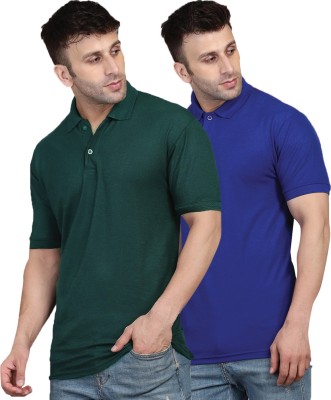 INKKR Solid Men Polo Neck Dark Green, Blue T-Shirt