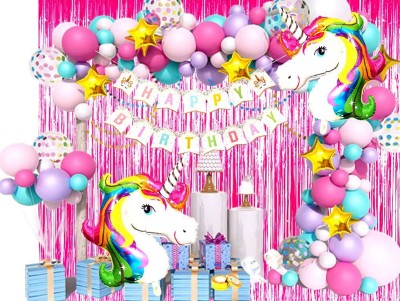 SV Traders Happy Birthday Decoration Unicorn Theme Jumbo Combo Of 83 Pcs-Unicorn HBD Banner(16)+Foil Curtain Pink(2)+Multi Color XXL 28 Inches Unicorn(2)+Golden Foil Stars 5 Inches(5)+Multi Color Confetti Balloons(5)+Pastel Balloons Pink(20)+Purple(20)+Blue(10)+Balloon Gluedots 100(1)+Balloon Garlan