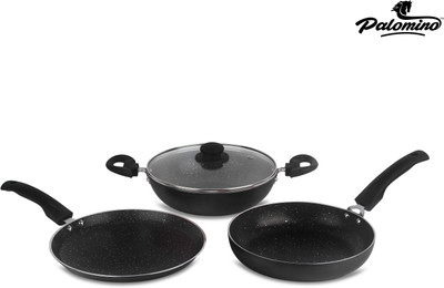 PALOMINO Induction Bottom Cookware Set (Aluminium, 4 - Piece) (COKWARE SET KADHAI WITH LID , FRY PAN & TAWA SET) Induction Bottom Non-Stick Coated Cookware Set(Aluminium, 4 - Piece)