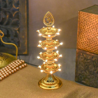 alila 4 Layer OM LED Electronic Diya Deepak Gold Plated Table Diya(Height: 7.5 inch)