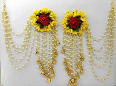 Handcrafted yellow And Red Multi Layer Pearl Tassel Earring Beads Fabric Tassel Earring
