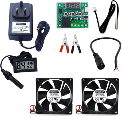 shockley Combo of XH-W1209 50~100 digital temperature controller thermostat with 2 fan + 12v 2amp adapter + alligator clip + DC Female Jack + Hygrometer FY-11 Temperature Sensor and Controller Electronic Hobby Kit