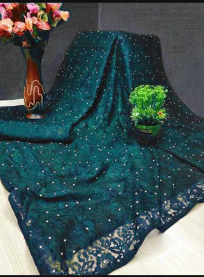 DHARMEE Self Design Bollywood Net, Brasso Saree(Dark Green)