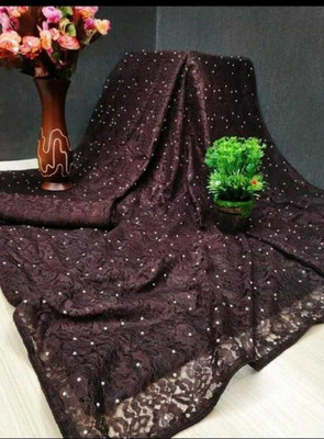 DHARMEE Self Design Bollywood Net, Brasso Saree(Brown)