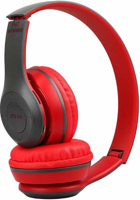 RECTITUDE 100% Good Quality P-47 Wireless Headphones FM, Memory Card Support Bluetooth & Wired(Red, On the Ear)