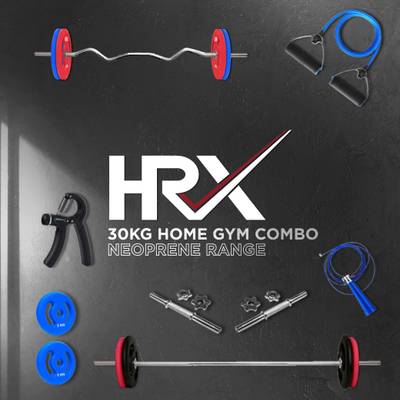 HRX 30 kg Plain, Curl and Dumbbell Rods with Accessories Neoprene Coated Home Gym Combo