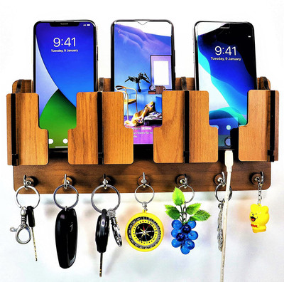 NewCrafts 3 Pocket Mobile Stand Holder for Wall |Furniture for Home Wood Key Holder(8 Hooks, Brown)