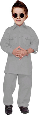 OS Jeans Boys Festive & Party Pathani Suit Set(Grey Pack of 1)