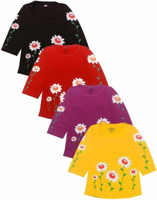 babeezworld Baby Girls Floral Print Pure Cotton Regular T Shirt(Multicolor, Pack of 4)