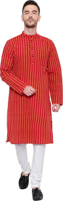 Latest Chikan Men Striped Straight Kurta(Red)