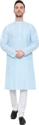 SriGandhi Men Striped Straight Kurta(Light Blue, White)