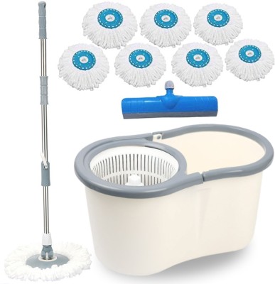 V-MOP Premium White Dry Magic Spin Bucket Mop Set With 7 Microfiber Refills + 1 Floor Wiper (( 6 Months Warranty on Rod )) Mop Set, Duster, Mop, Cleaning Wipe, Bucket, Floor Wiper, Mop Refill