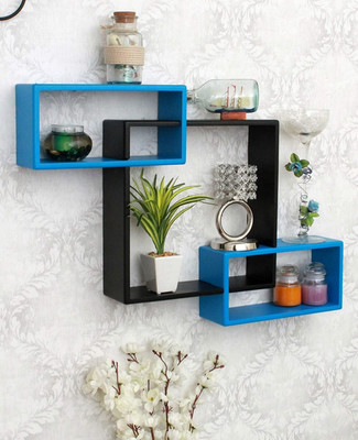 TFS Wall Mount Intersecting Wall Shelves Set of 3 Display Unit MDF (Medium Density Fiber) Wall Shelf(Number of Shelves - 3, Blue, Black)