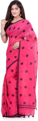 Desh Bidesh Polka Print Handloom Pure Cotton Saree(Red, Black)