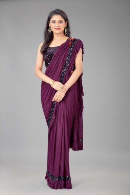 KJP VILLA Solid/Plain Bollywood Lycra Blend Saree(Purple)