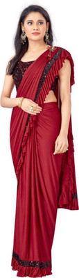 KJP VILLA Solid/Plain Bollywood Lycra Blend Saree(Red)