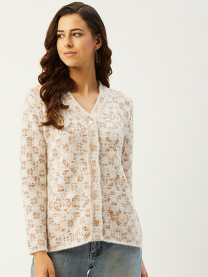 Rivza Self Design V Neck Casual Women Beige Sweater