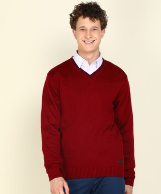 PETER ENGLAND Solid V Neck Casual Men Maroon Sweater