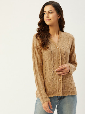 Rivza Solid V Neck Casual Women Beige Sweater