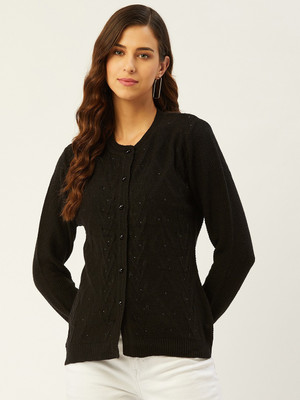 Rivza Woven Round Neck Casual Women Black Sweater