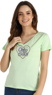 SHASHVI Printed Women V Neck Light Green T-Shirt