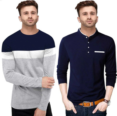 FastColors Solid Men Mandarin Collar Grey, Blue T-Shirt(Pack of 2)