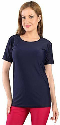 Reoutlook Solid Women Round Neck Dark Blue T-Shirt