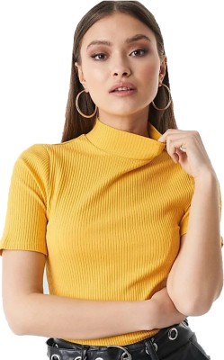 Jayinki Designs Solid Women High Neck Yellow T-Shirt