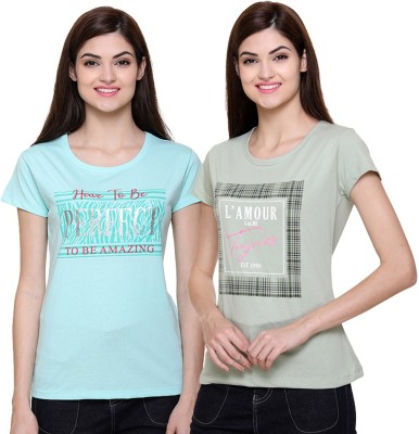 ROMZ Typography Women Round Neck Light Blue, Light Green T-Shirt(Pack of 2)