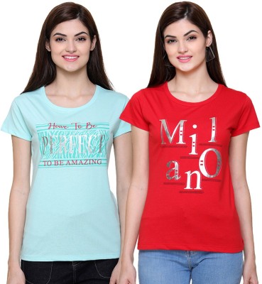 ROMZ Typography Women Round Neck Light Blue, Red T-Shirt(Pack of 2)