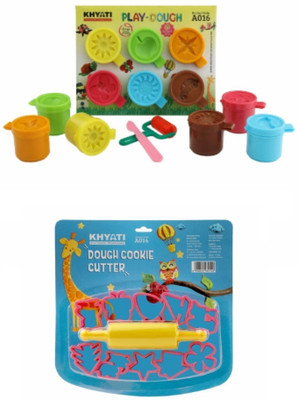 KHYATI Play Dough Set Of 6 Bright Colours (30gm each) with 1 Dough Cookie Cutter (1 Pressure Roller,10 Cookie Cutters)