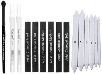 Definite Art White Paper Stump/Art Blender/Tortillons to Smudge or Blend Charcoal, Crayon & Graphite; 2 X White Pen 0.8mm Nib for reflection and highlighting effec; 6 X Compressed Charcoal Sticks and 1 X Smudger Blender Brush for Charcoal and Pastel Pencils
