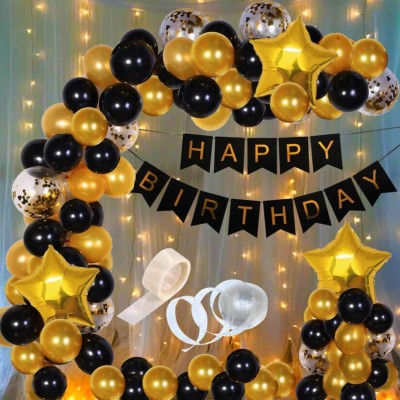 Pixelfox Happy Birthday Banner (Black) + 30 Metallic Balloons (Gold , Black & Silver) + Pack of 5 Confetti Balloons (Silver) + 3 pcs (Golden) Star Foil + Pack of 1pcs (Arch Strip) + Pack of 1 (Glue Dot) For Birthday Party Decoration Items/Kit (SKU-HBD Banner-37)(Set of 41)