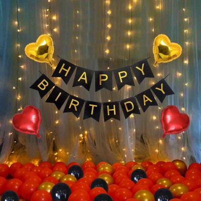 Pixelfox Happy Birthday Banner (Black) + 30 Metallic Balloons (Gold , Black & Red) + 2 pcs Foil (Golden) Dil (10 Inches) + 2 pcs Foil (Red) Dil (10 Inches) For Birthday Party Decoration Items/Kit (SKU-HBD Banner-36)