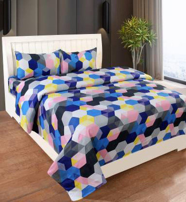 loomhands 160 TC Cotton Double Geometric Flat Bedsheet(Pack of 1, Blue)