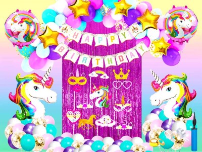 SV Traders Unicorn Theme Special Happy Birthday Decoration For Girls/Kids/Boys Combo Kit Of 100 Pcs-Unicorn HBD Banner(16)+Foil Curtain Pink(1)+Multi Color XXL 28 Inches Unicorn(2)+Unicorn Photo Booth Props(11)+Round Pink Unicorn(2)+Golden Foil 5 Inches Stars(5)+Golden Confetti Balloons(5)+Pastel Ba