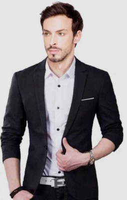 HIGHEK Solid Single Breasted Casual Men Blazer(Black)