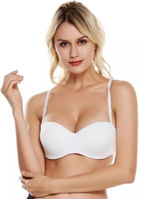 PLUMBURY Padded Seamless Strapless Multi-Way Push Up Bra with Detachable Straps Women Balconette Lightly Padded Bra(White)